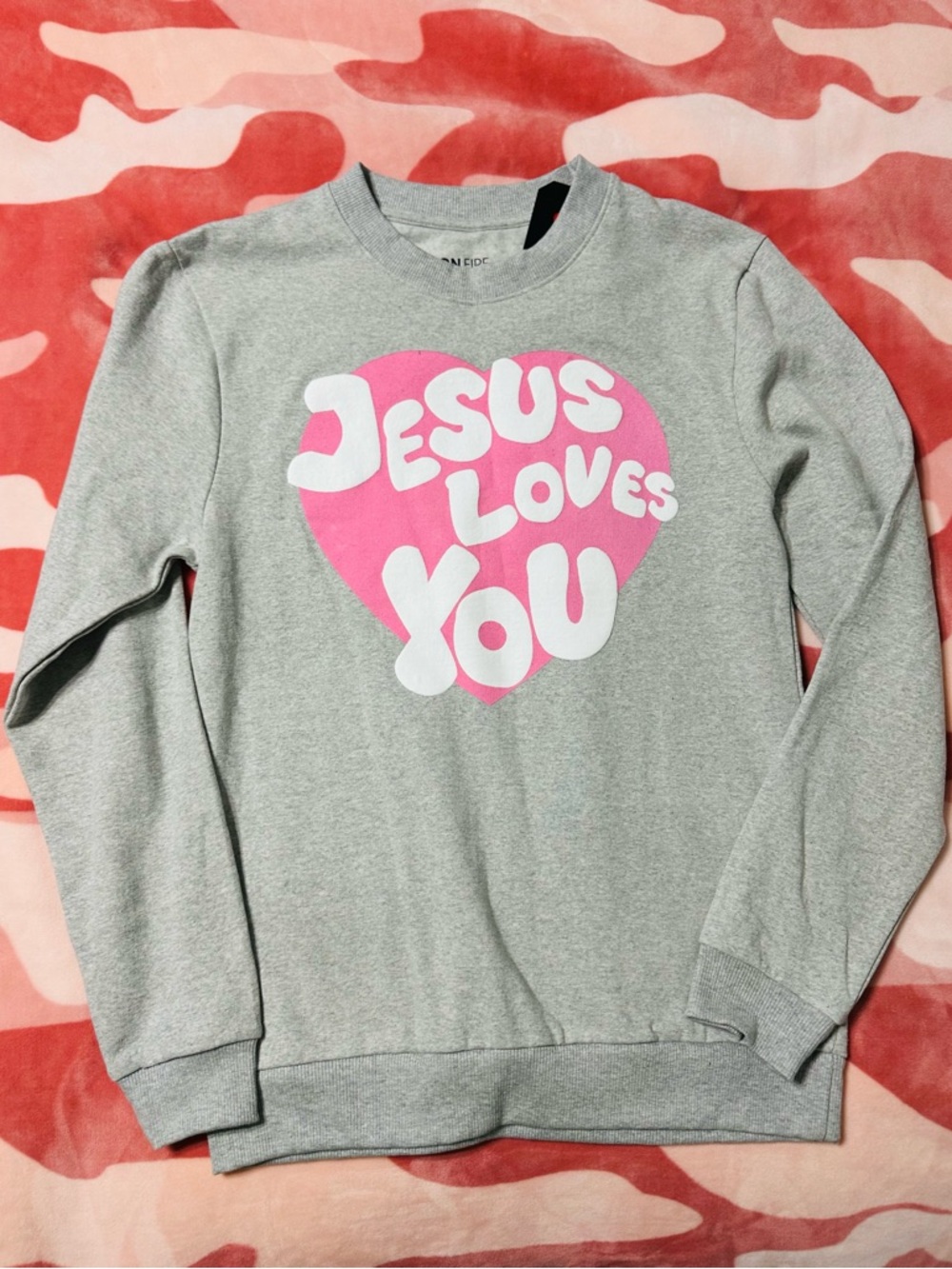 On Fire Gray Sweatshirt with Pink & White Heart "Jesus Loves You"
